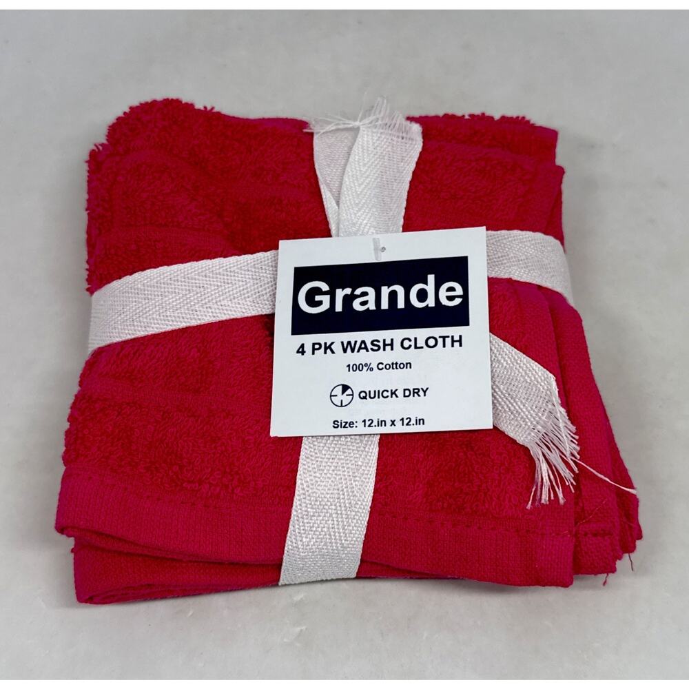 Grande Pink Wash Cloths 4 Pack 100% Cotton Quick Dry 12” X 12” New with Tags